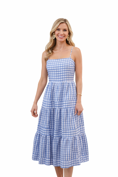 THML BLUE STRIPED GINGHAM TIERED DRESS