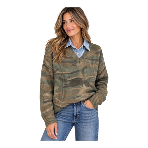 VINTAGE HAVANA CAMO SWEATER WITH DENIM COLLAR