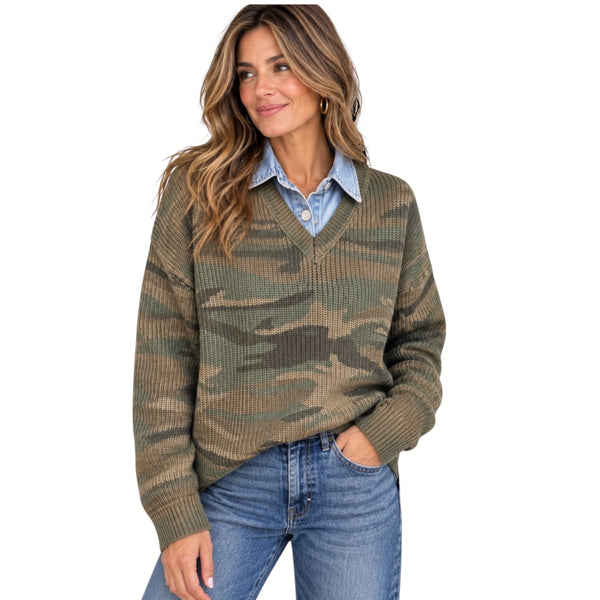 VINTAGE HAVANA CAMO SWEATER WITH DENIM COLLAR