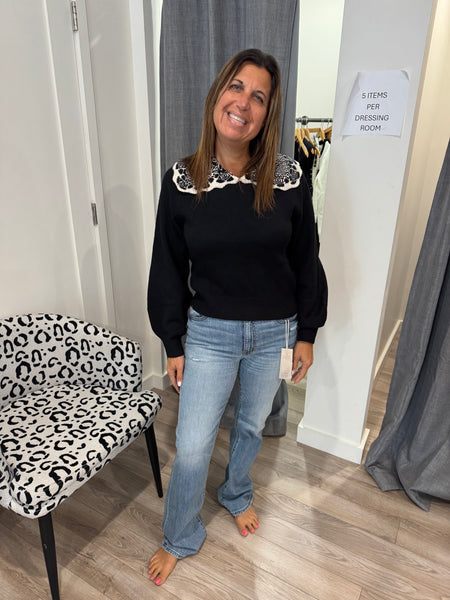 THML BLACK CREAM CONTRAST COLLAR KNIT SWEATER