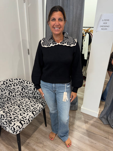 THML BLACK CREAM CONTRAST COLLAR KNIT SWEATER