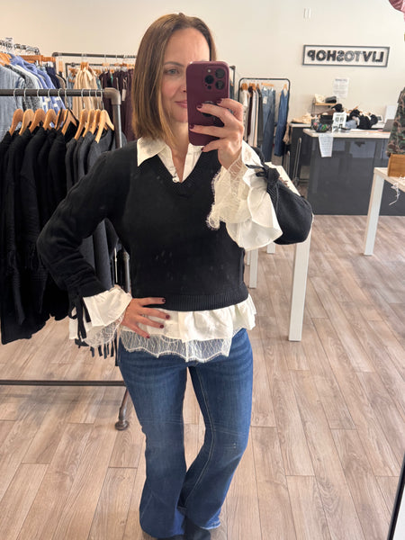 BLACK PEARL SATIN LACE CONTRAST SWEATER