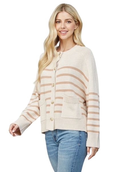 FATE OATMEAL LATTE STRIPED FRONT POCKET BUTTON CARDIGAN