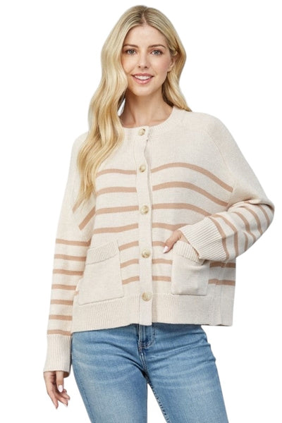 FATE OATMEAL LATTE STRIPED FRONT POCKET BUTTON CARDIGAN