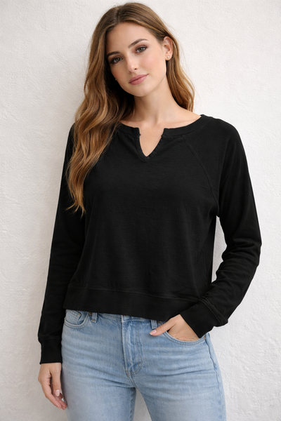 BOBI SPLIT NECK PULLOVER LONG SLEEVE BLACK