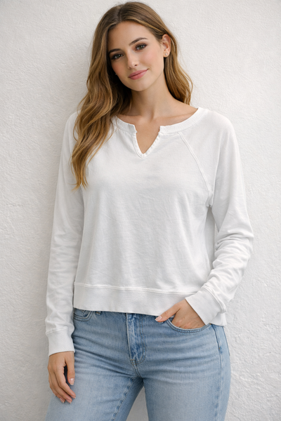 BOBI SPLIT NECK PULLOVER LONG SLEEVE WHITE