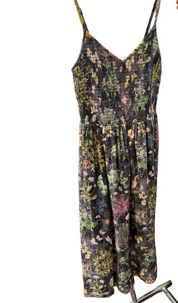 BLACK FLORAL PRINTED DOUBLE GAUZE SMOCKED DRESS