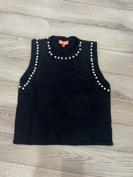 THML BLACK SLEEVELESS KNIT TOP WITH PEARL TRIM