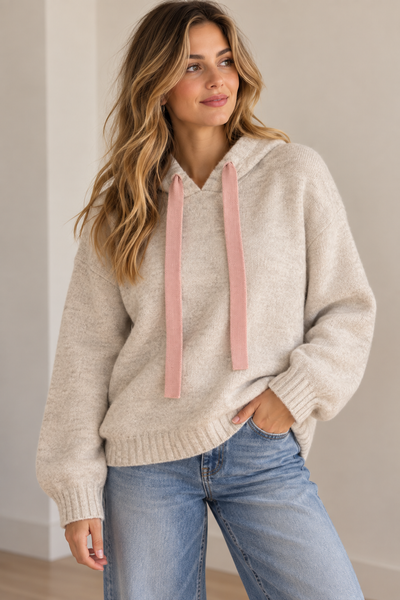 VINTAGE HAVANA ALMOND HOODED SWEATER WITH PINK TIES