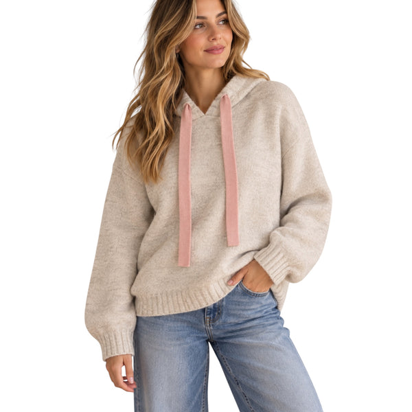 VINTAGE HAVANA ALMOND HOODED SWEATER WITH PINK TIES
