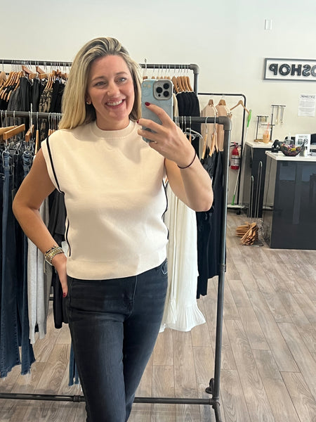 THML CREAM SLEEVELESS DROP SHOULDER TOP BLACK PIPING