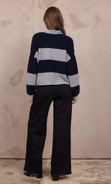 VINTAGE HAVANA HEATHER GREY NAVY STRIPED SWEATER DENIM COLLAR