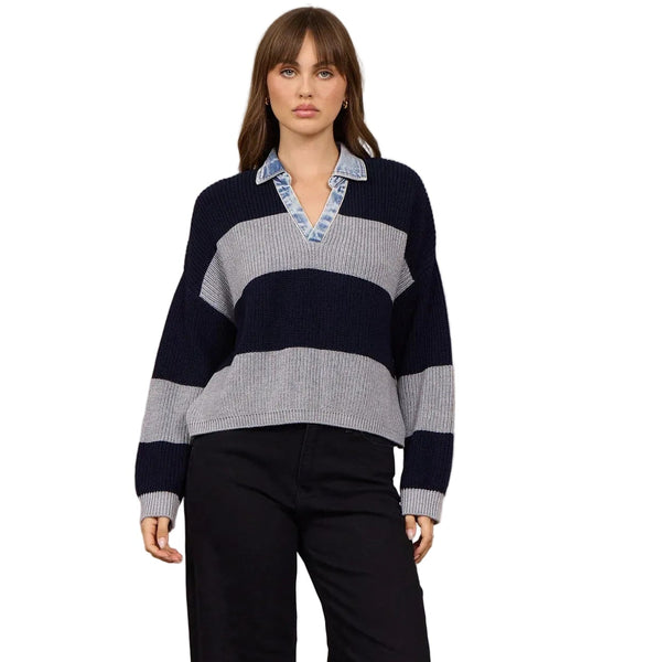 VINTAGE HAVANA HEATHER GREY NAVY STRIPED SWEATER DENIM COLLAR