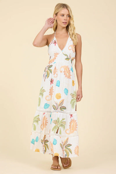 SURF GYPSY COASTAL BOHO PRINT HALTER MAXI DRESS