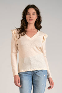 ELAN CREAM LONG SLEEVE RUFFLE V NECK