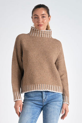 ELAN TAN MOCK SWEATER WITH TRIM STITCHING