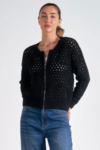 ELAN BLACK OPEN KNIT ZIP CARDIGAN SWEATER