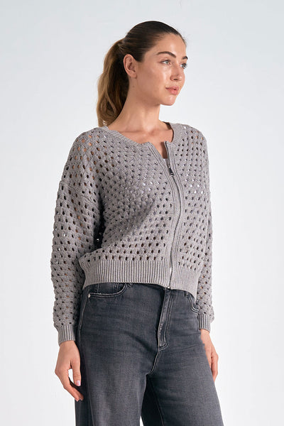 ELAN GREY OPEN KNIT ZIP CARDIGAN SWEATER