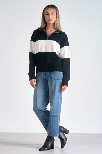 ELAN BLACK WHITE HALF ZIP SWEATER