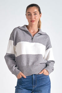 ELAN GREY WHITE HALF ZIP SWEATER