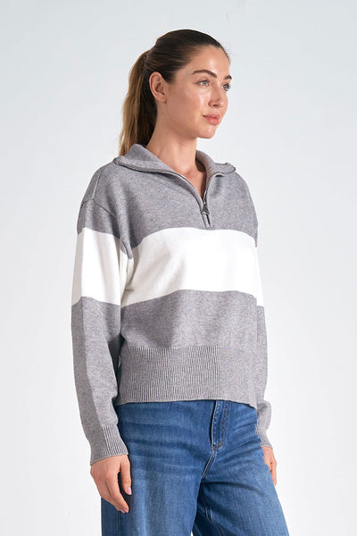 ELAN GREY WHITE HALF ZIP SWEATER