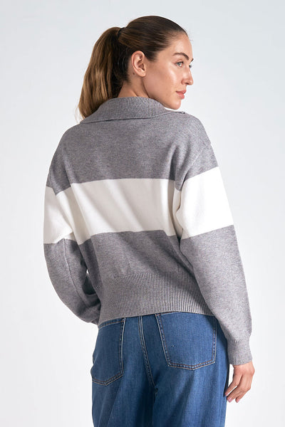 ELAN GREY WHITE HALF ZIP SWEATER