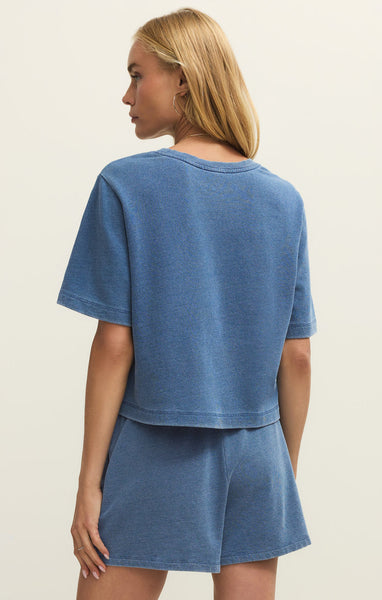 Z SUPPLY CURRAN KNIT DENIM CROPPED SWEATSHIRT CALYPSO BLUE INDIGO
