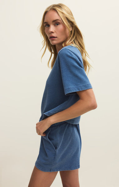 Z SUPPLY CURRAN KNIT DENIM CROPPED SWEATSHIRT CALYPSO BLUE INDIGO