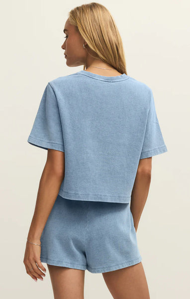 Z SUPPLY CURRAN KNIT DENIM CROPPED SWEATSHIRT OCEAN AIR INDIGO