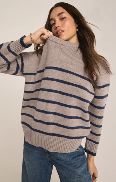 Z SUPPLY BOYFRIEND STRIPE SWEATER HEATHER TAUPE