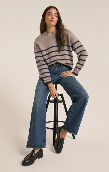 Z SUPPLY BOYFRIEND STRIPE SWEATER HEATHER TAUPE