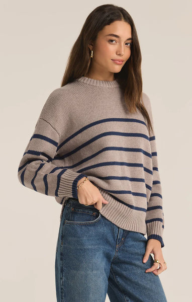 Z SUPPLY BOYFRIEND STRIPE SWEATER HEATHER TAUPE