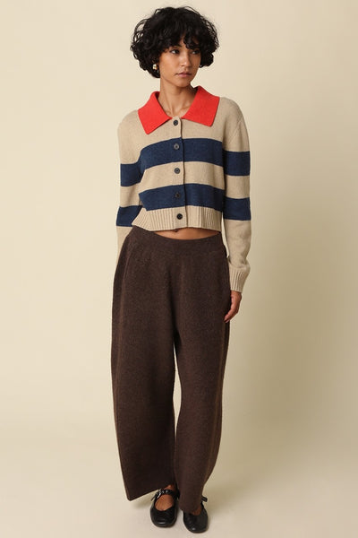 OLIVACEOUS CONTRAST COLLAR STRIPE CARDIGAN