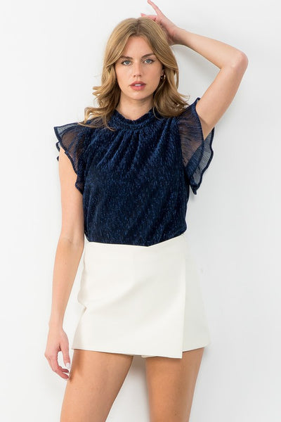 THML NAVY FLUTTER SLEEVE METALLIC TOP