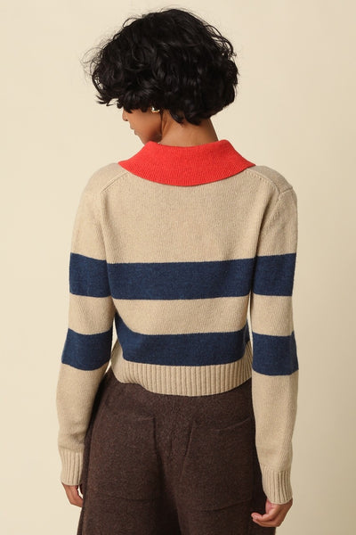 OLIVACEOUS CONTRAST COLLAR STRIPE CARDIGAN