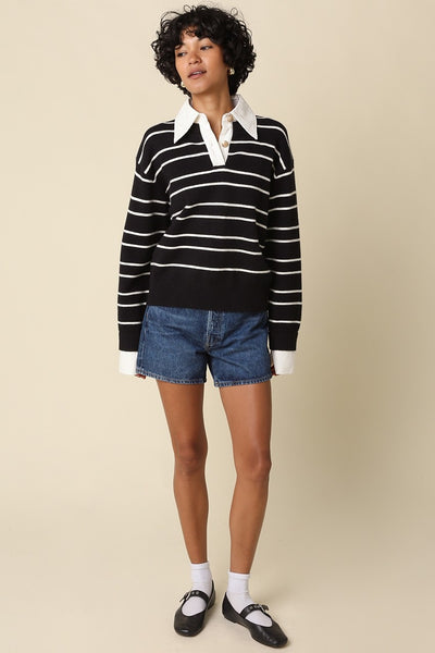 OLIVACEOUS BLACK WHITE RUGBY KNIT SWEATER