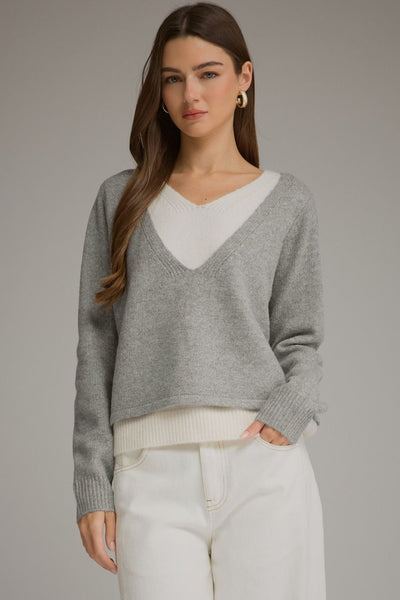 GREY V NECK SWEATER WITH CONTRAST DETAIL