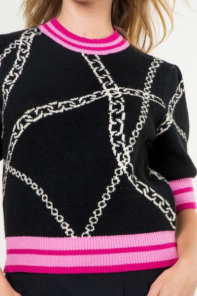 THML BLACK PINK SHORT SLEEVE CHAIN KNIT TOP