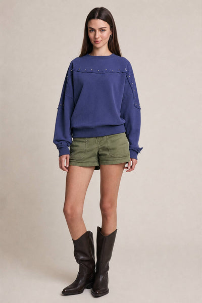 WASHED BLUE STUDDED RAW EDGE SWEATSHIRT