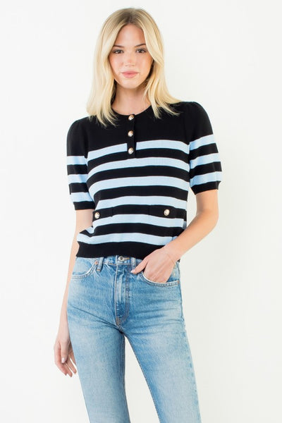 THML BLACK BLUE SHORT SLEEVE STRIPED TOP BUTTON DETAIL