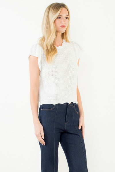 THML WHITE SCALLOP DETAIL KNIT TOP