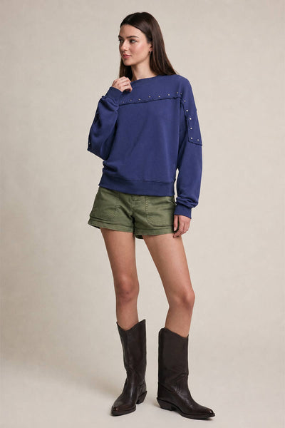 WASHED BLUE STUDDED RAW EDGE SWEATSHIRT
