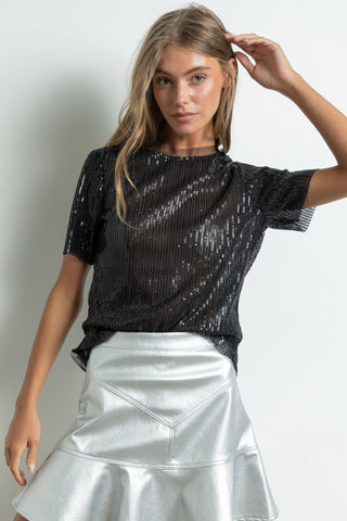 BLACK SEQUIN MESH SHORT SLEEVE TOP