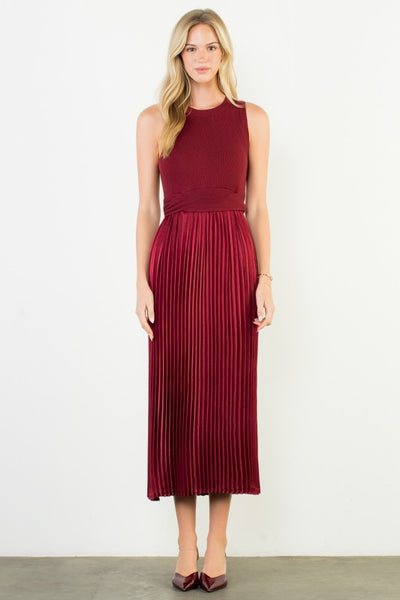 THML BURGUNDY SLEEVELESS MIXED MEDIA DRESS