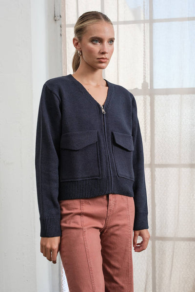 NAVY UTILITY POCKET KNIT ZIP CARDIGAN JACKET