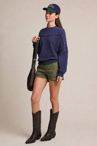 WASHED BLUE STUDDED RAW EDGE SWEATSHIRT