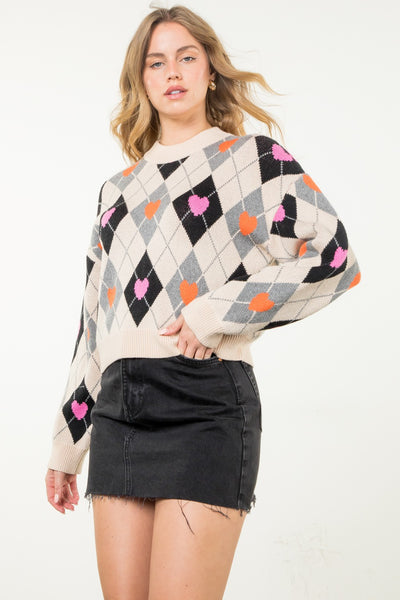 THML ARGYLE HEART PATTERN SWEATER