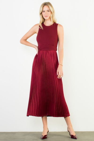 THML BURGUNDY SLEEVELESS MIXED MEDIA DRESS