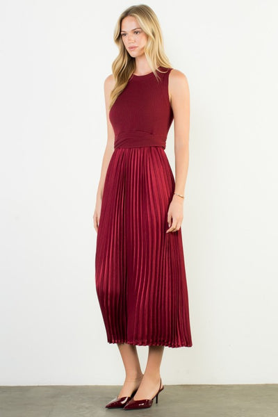 THML BURGUNDY SLEEVELESS MIXED MEDIA DRESS