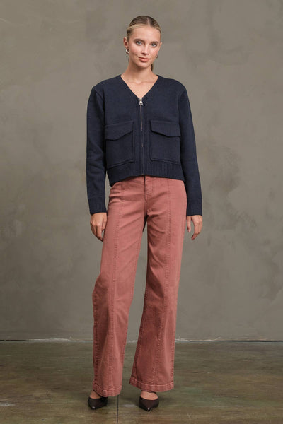 NAVY UTILITY POCKET KNIT ZIP CARDIGAN JACKET